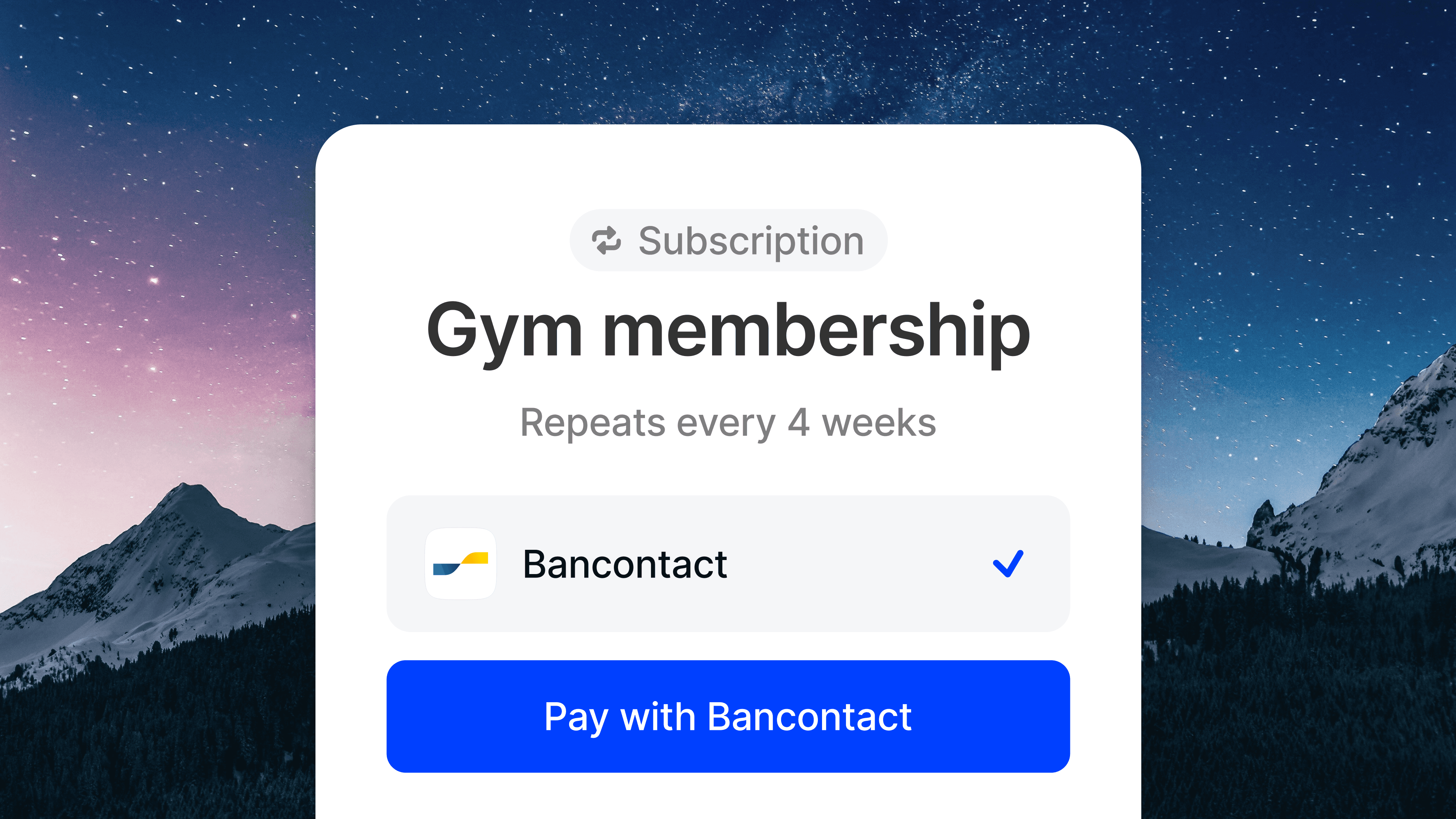 A checkout screen showing Bancontact being used for a recurring payment