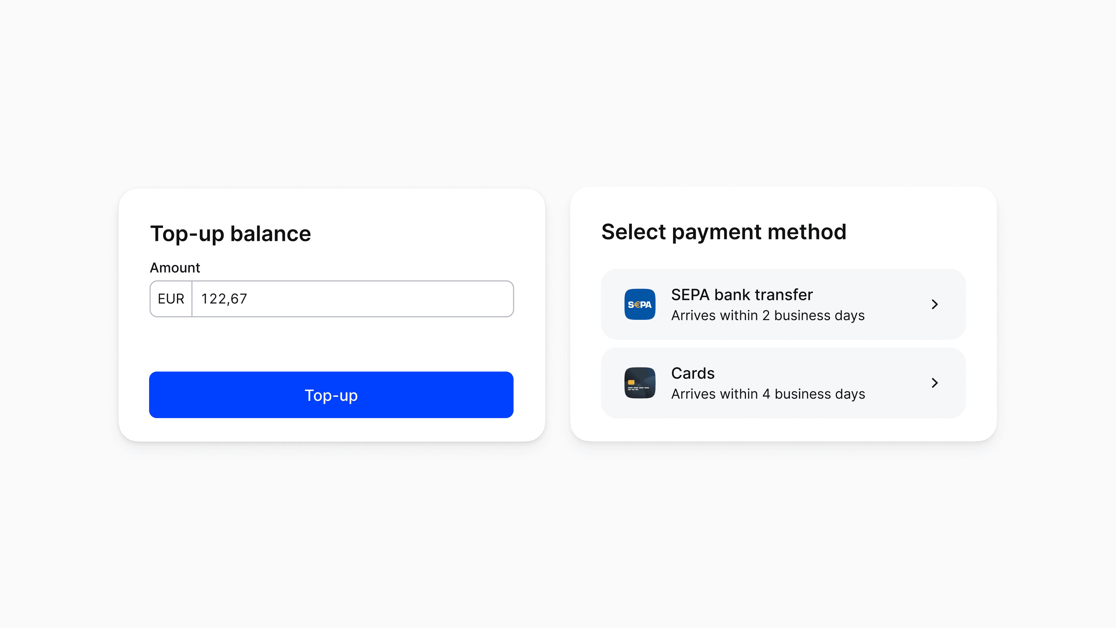 UI elements showing the new way to top-up your Mollie balance