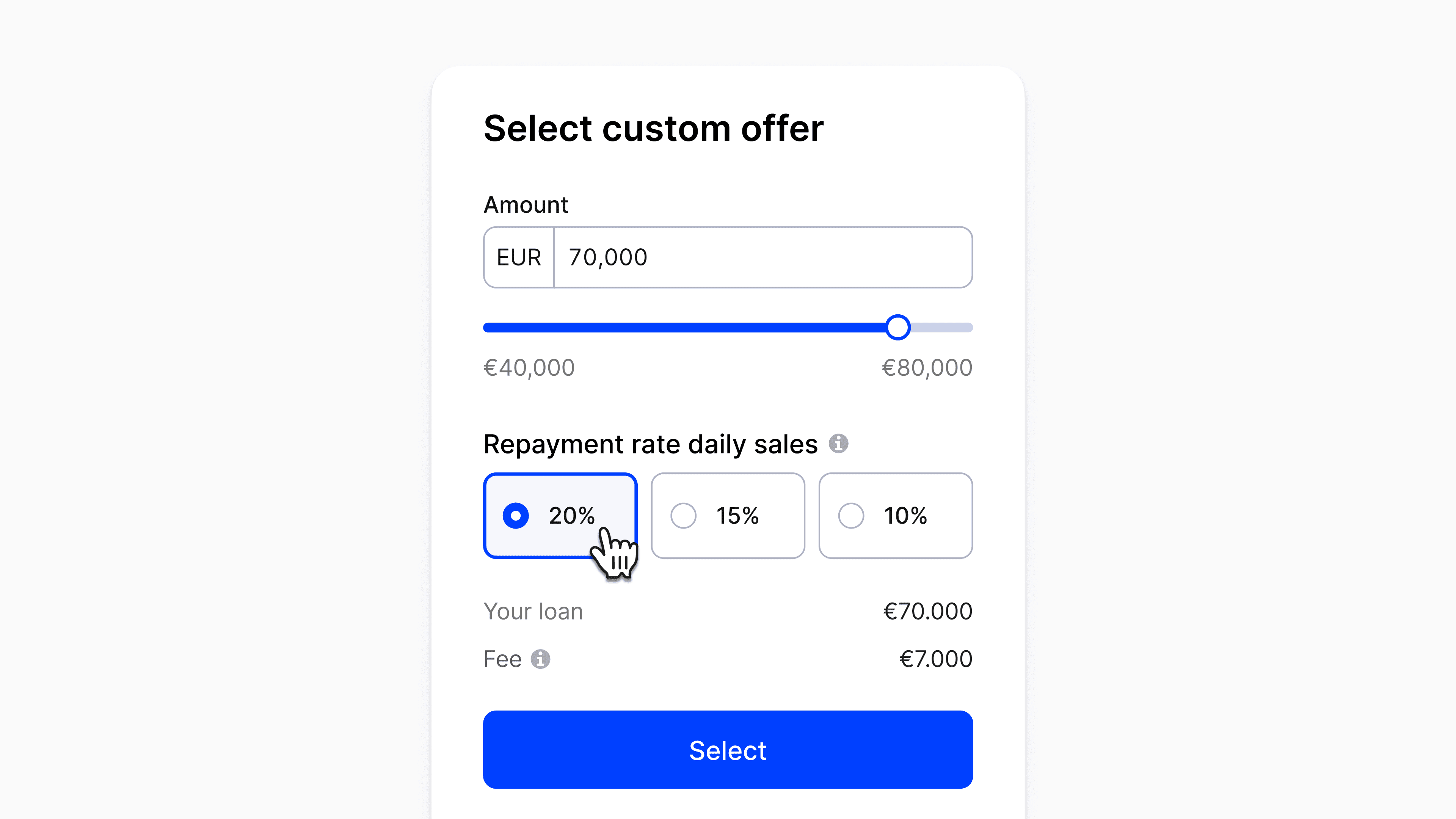 The UI in the Mollie dashboard where a custom offer for Mollie Capital can be configured