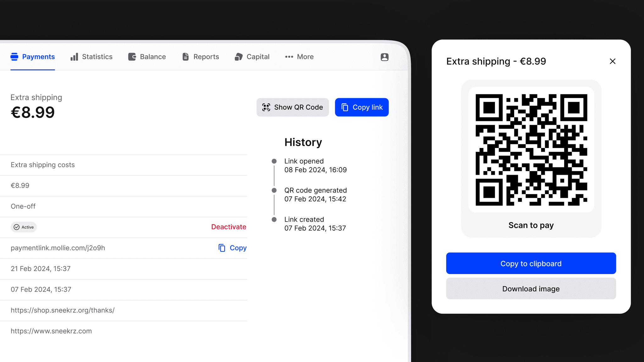 The Mollie dashboard showing a Payment Link in the Dashboard and a QR code in a separate pop-up