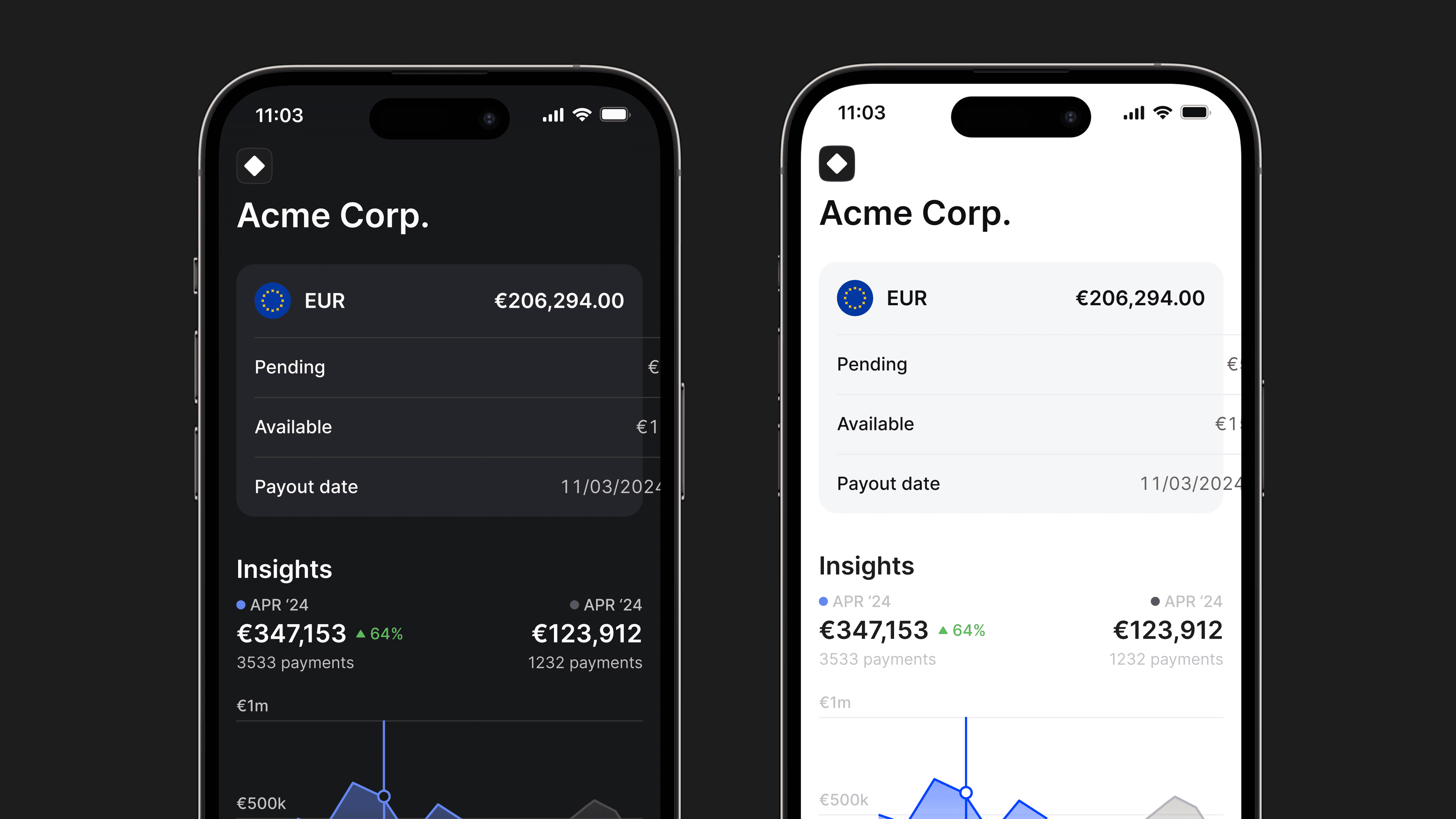 The new Mollie App shown in both light and dark mode